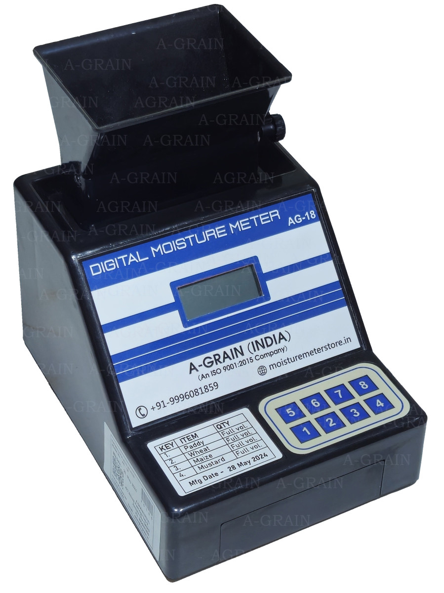 Agrain portable digital moisture meter (AG-18) displaying a grain sample being tested, showcasing its compact design and easy-to-use interface