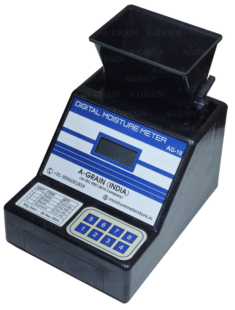 Agrain portable digital moisture meter (AG-18) displaying a grain sample being tested, showcasing its compact design and easy-to-use interface
