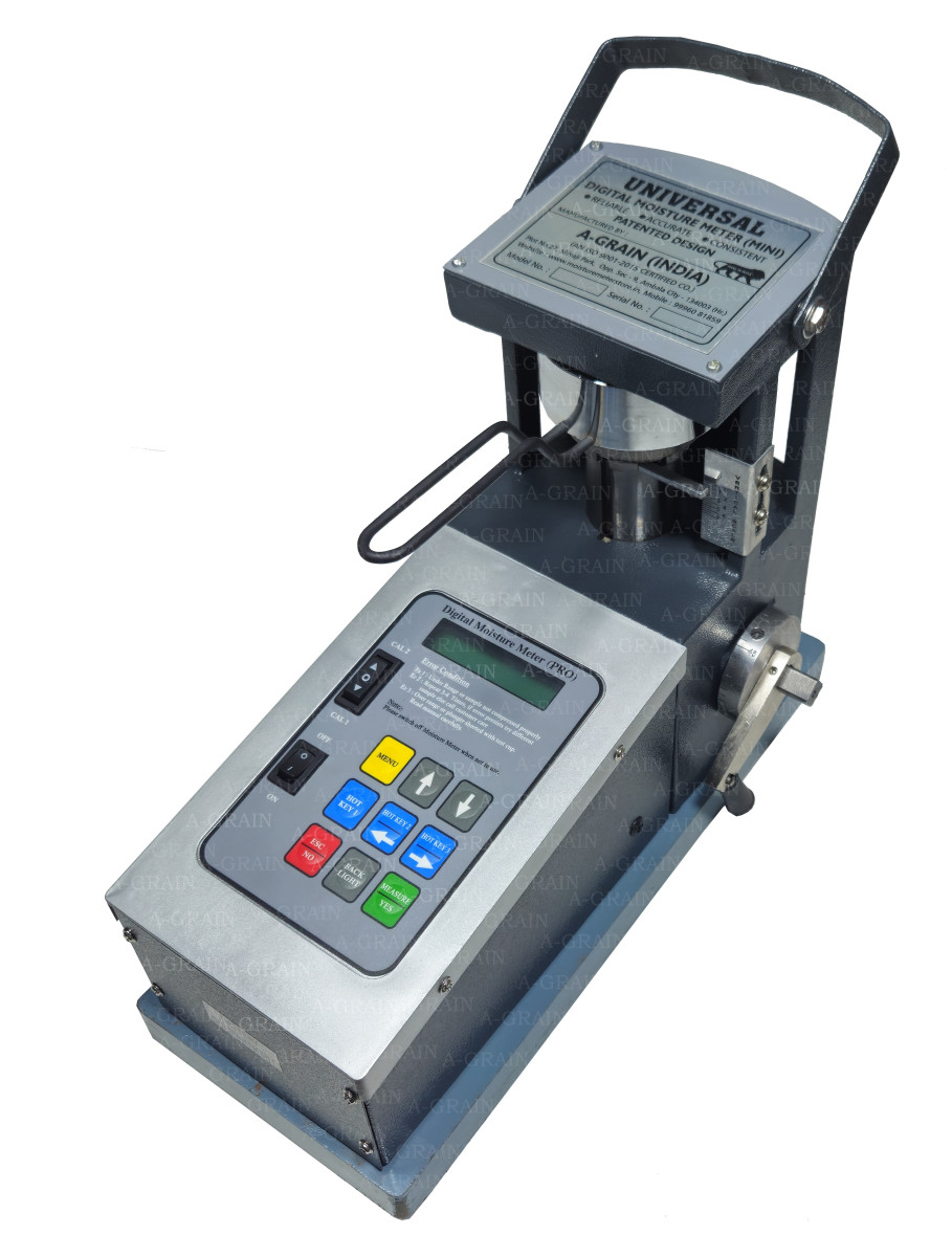An image showcasing the Universal Digital Moisture Meter(MINI)(PB-2020), a sophisticated device designed for precise moisture measurement in various agricultural products. The meter features a digital display and control panel, indicating its user-friendly interface and advanced technology.
