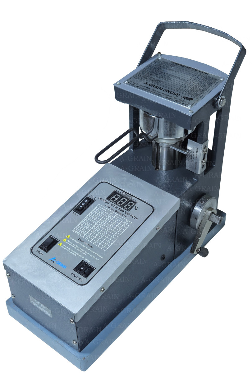 An image showcasing the Universal Digital Moisture Meter(MINI)(PB-74), a sophisticated device designed for precise moisture measurement in various agricultural products. The meter features a digital display and control panel, indicating its user-friendly interface and advanced technology.