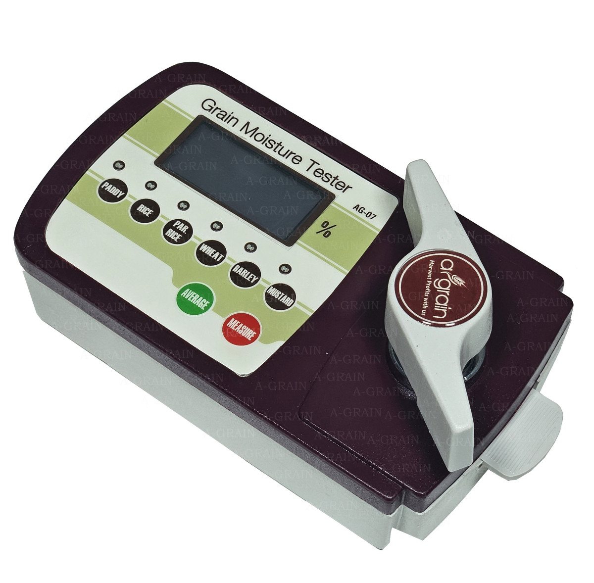 An image presenting a Portable Digital Grain Moisture Tester (AG-07), highlighting its handheld form factor and digital interface, ideal for on-the-go moisture measurement in agricultural products.