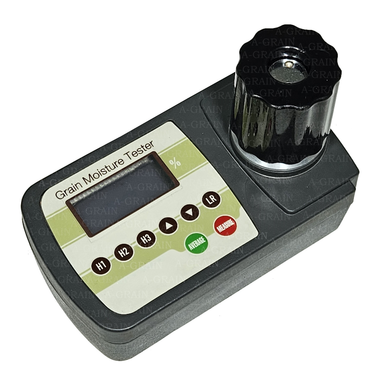 An image displaying a Portable Digital Grain Moisture Meter (AG-12), showcasing its compact size and handheld design for easy use in various settings. The meter features a digital display and control buttons, indicating its user-friendly interface and portability.