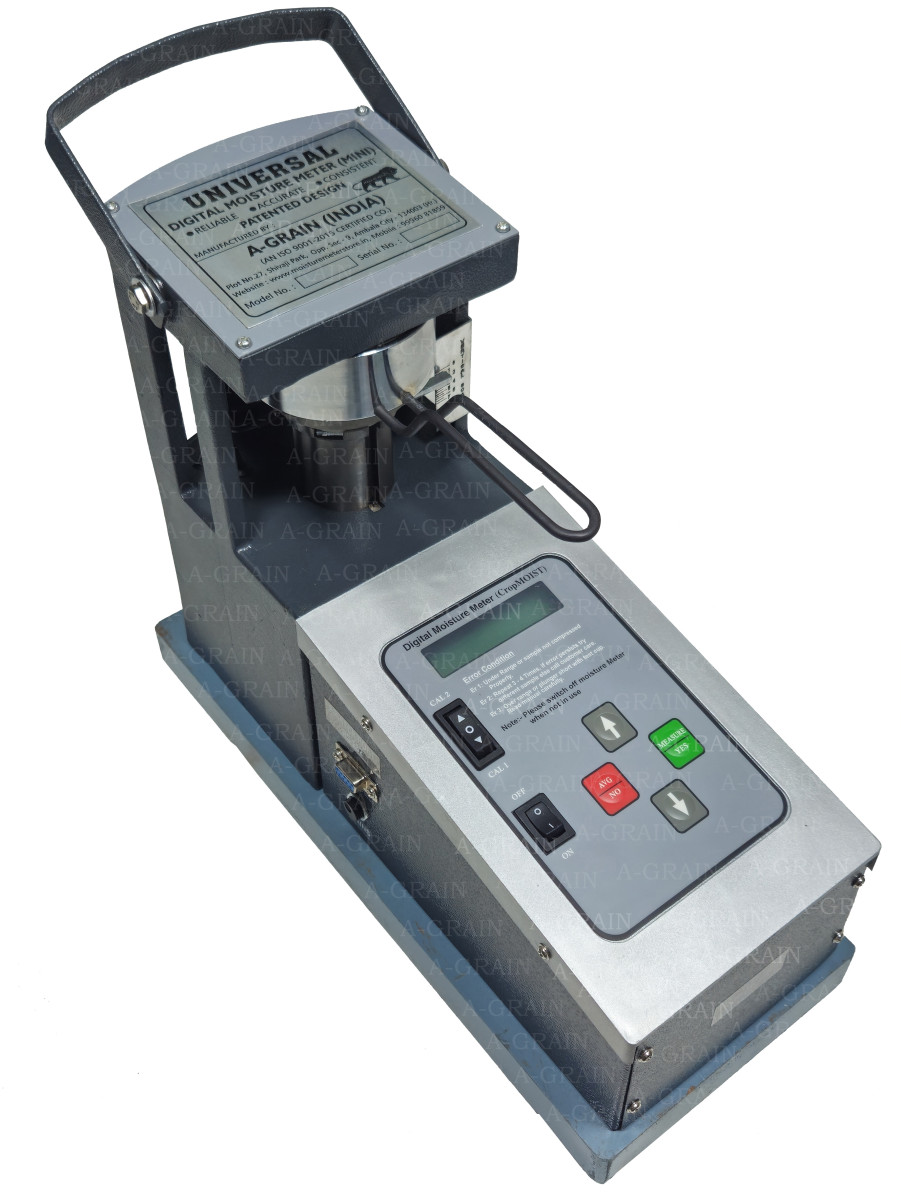 An image showcasing the Universal Digital Moisture Meter(MINI)(PB-1020), a sophisticated device designed for precise moisture measurement in various agricultural products. The meter features a digital display and control panel, indicating its user-friendly interface and advanced technology.
