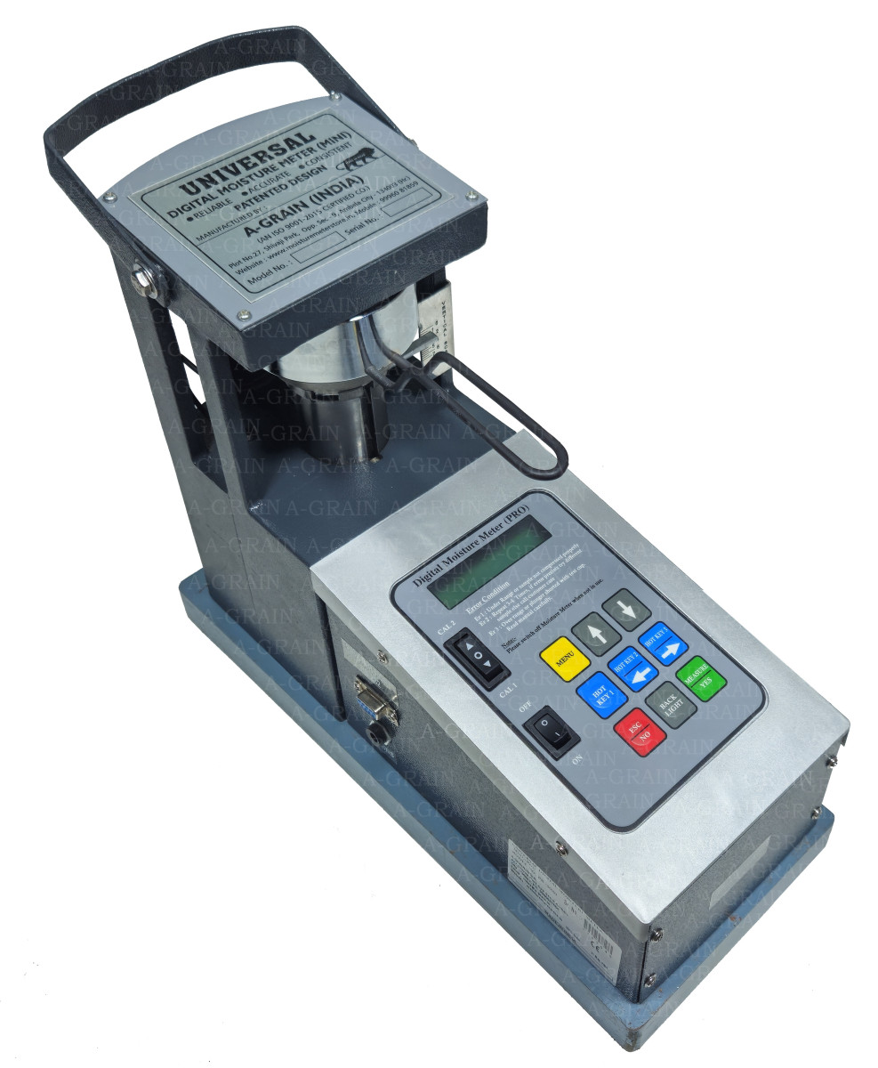 An image showcasing the Universal Digital Moisture Meter(MINI)(PB-2020), a sophisticated device designed for precise moisture measurement in various agricultural products. The meter features a digital display and control panel, indicating its user-friendly interface and advanced technology.